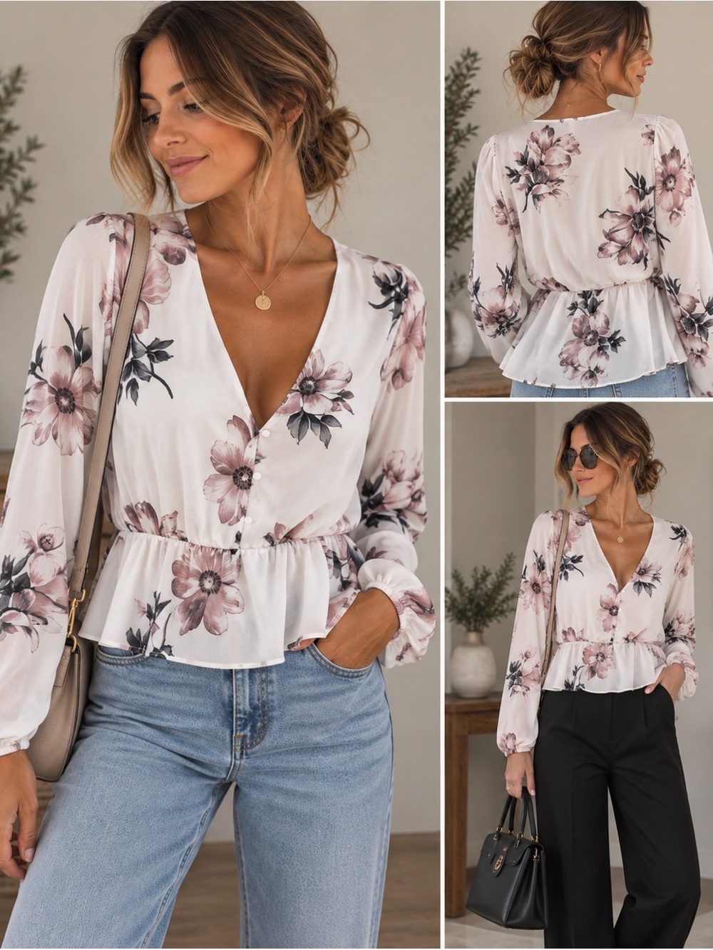 Dynamite Floral Peplum Blouse | Soft Feminine‎ V-Neck | Large |Dressy | Romatic